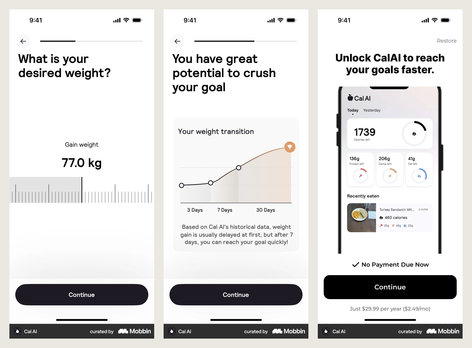 Three Cal AI onboarding screens from the teardown: desired weight, the weight transition projection, and the $0.00 due today paywall
