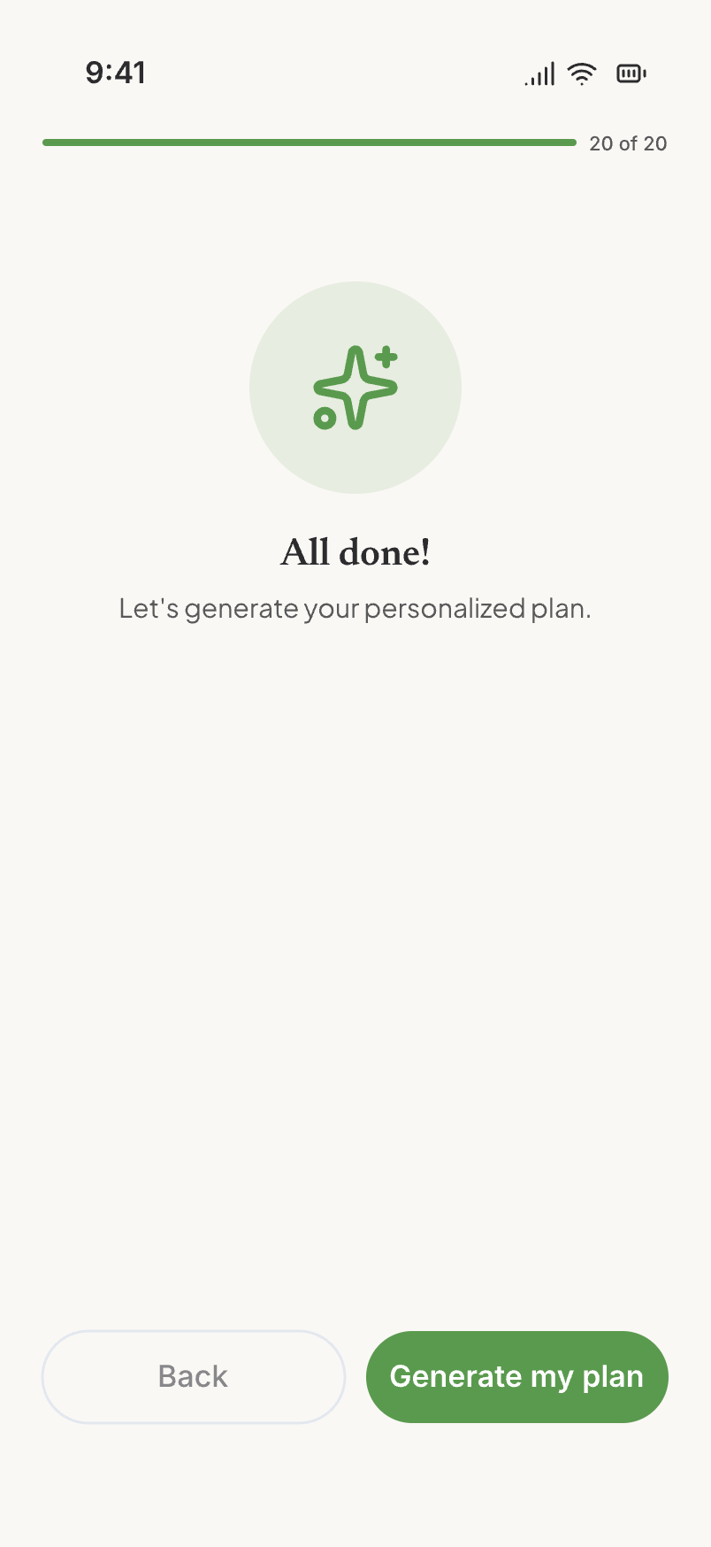 All done screen with a Generate my plan button