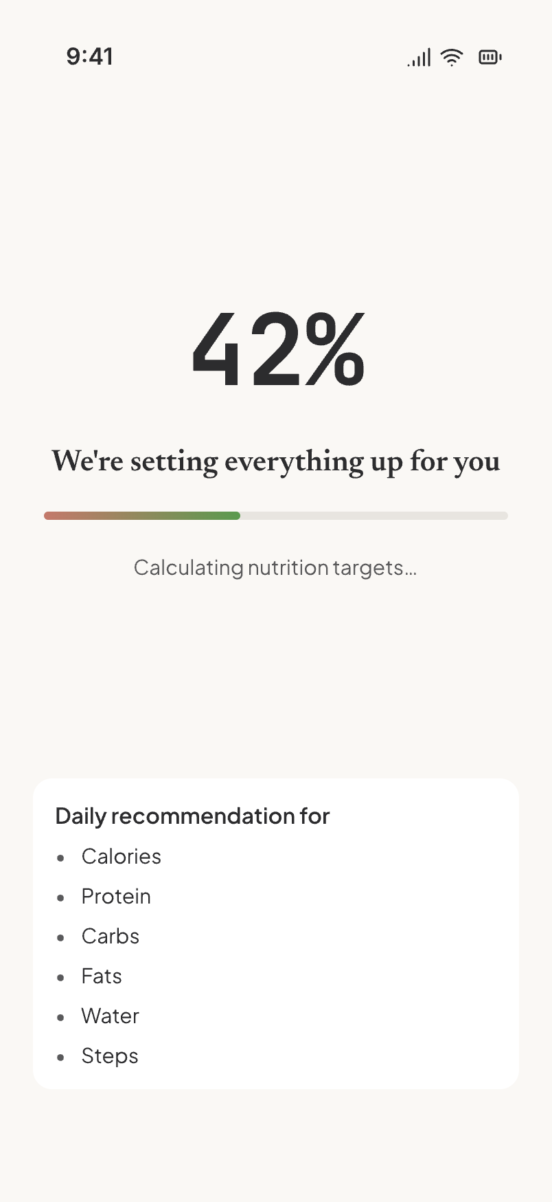 Calculating screen at 42 percent, listing the daily recommendations being prepared