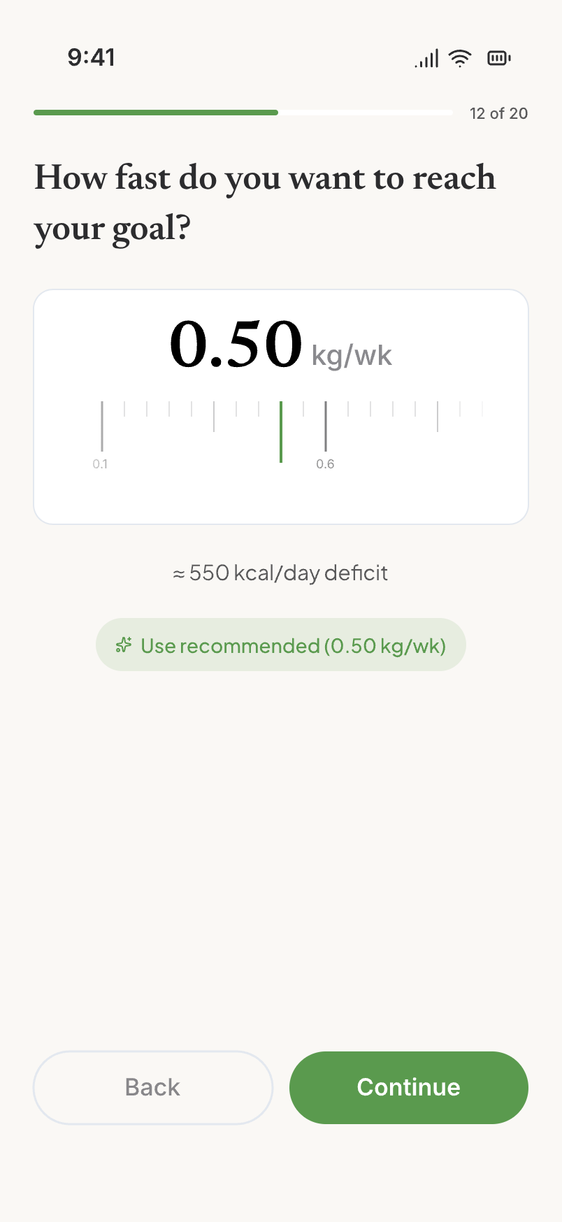Pace step, 0.5 kg per week, with the recommended safe default highlighted