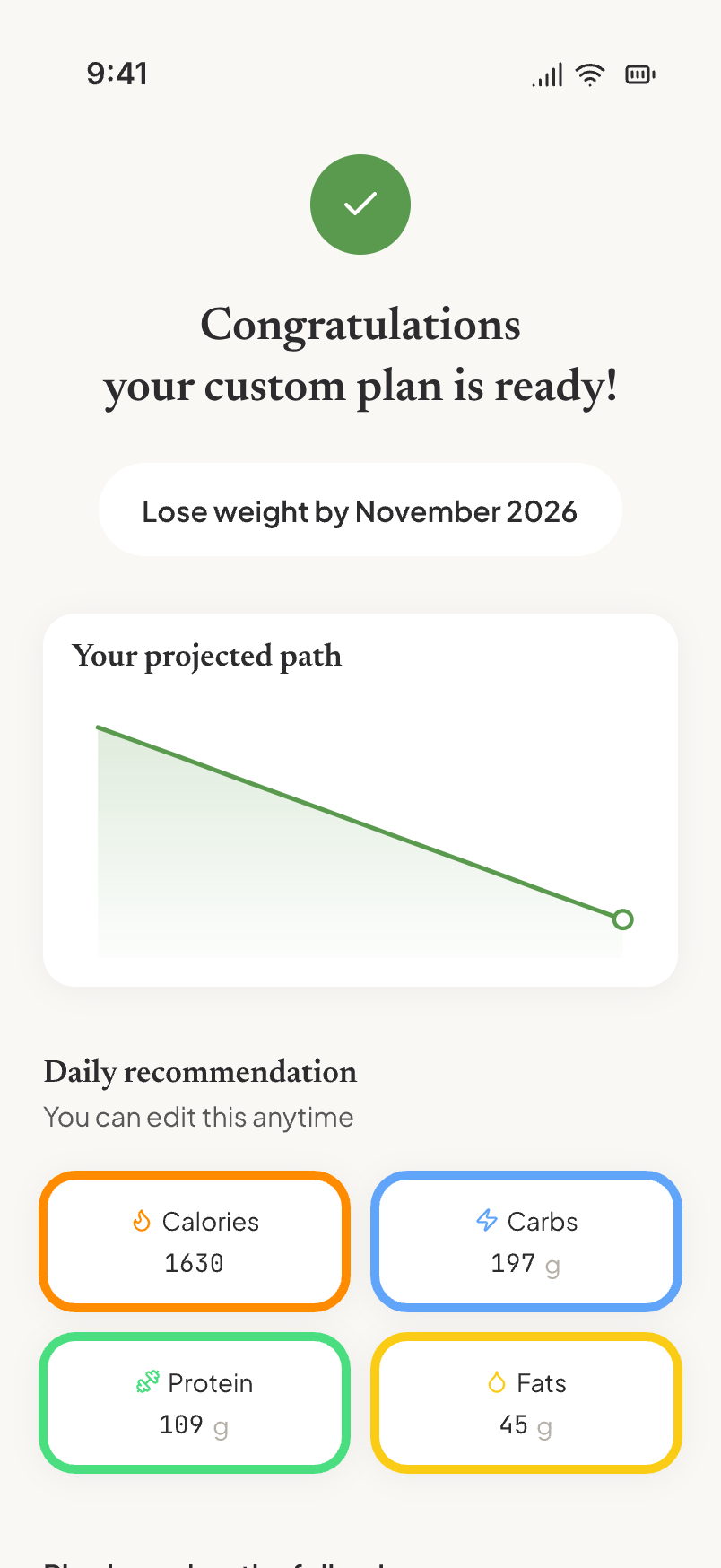 Plan reveal: goal, projected path, daily macro recommendation, and the peer-reviewed sources