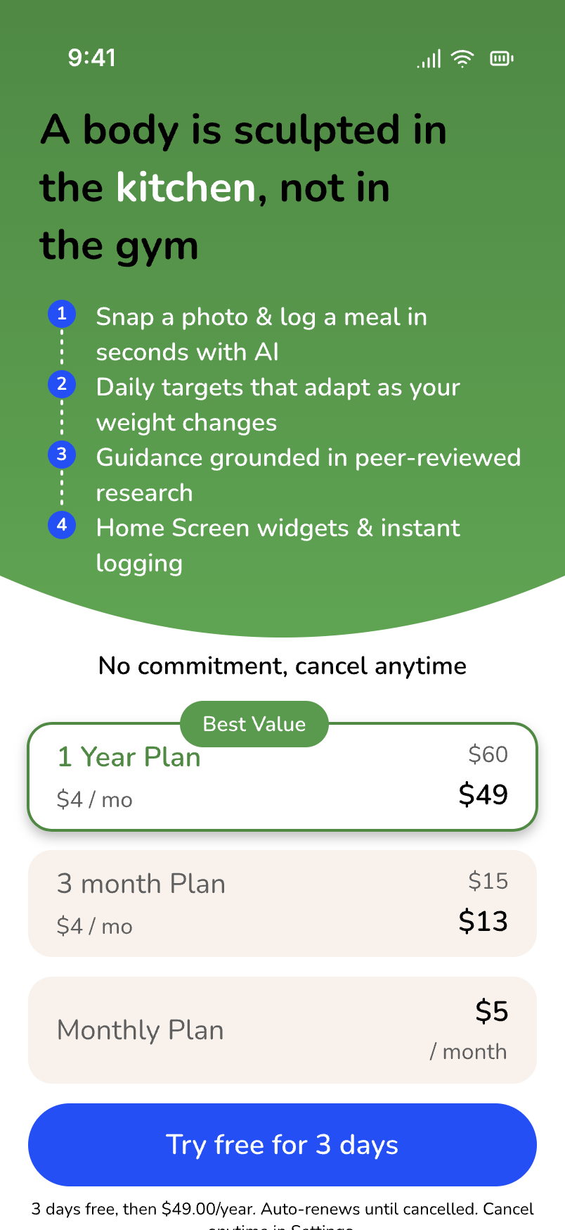 Paywall after the plan reveal: yearly plan selected, Try free for 3 days, no commitment copy