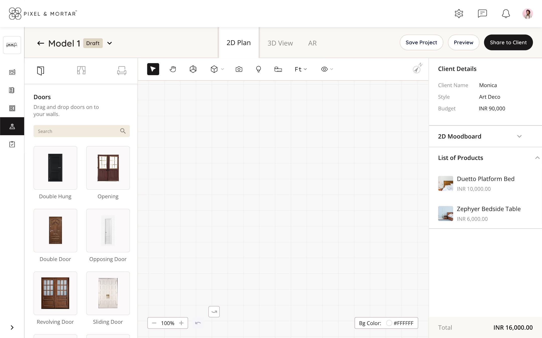 Empty plan. The right panel shows Client Details (Monica, Art Deco, budget INR 90,000), 2D Moodboard, and List of Products