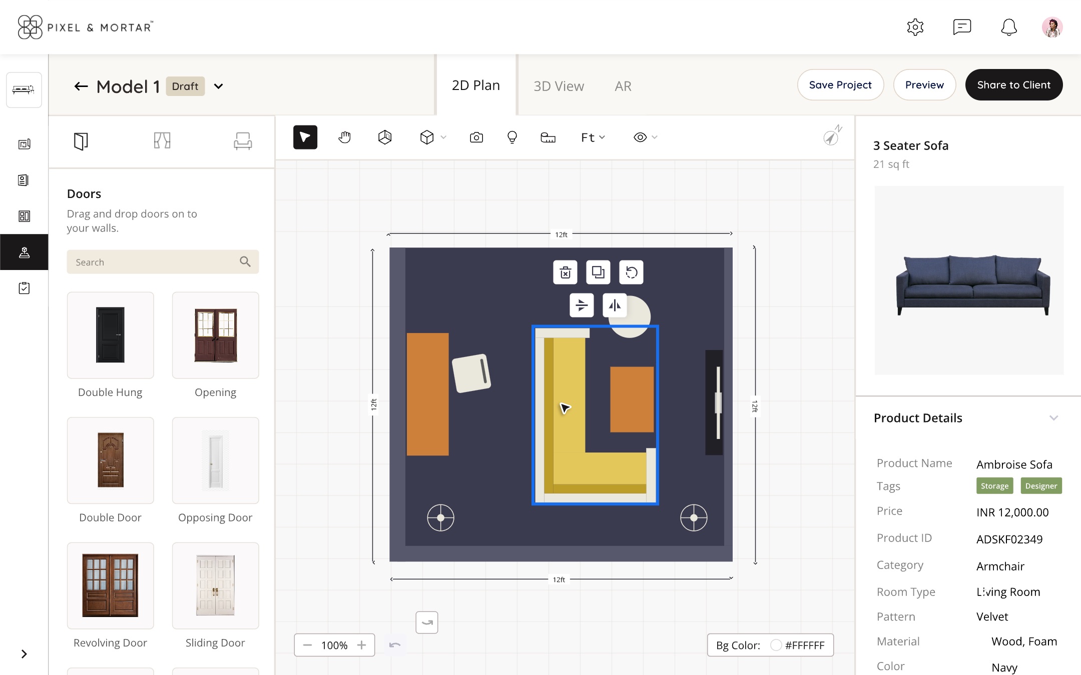 3D Studio in 2D Plan mode. Door library on the left, a furnished room plan in the middle with a sofa selected, and the sofa's product details on the right