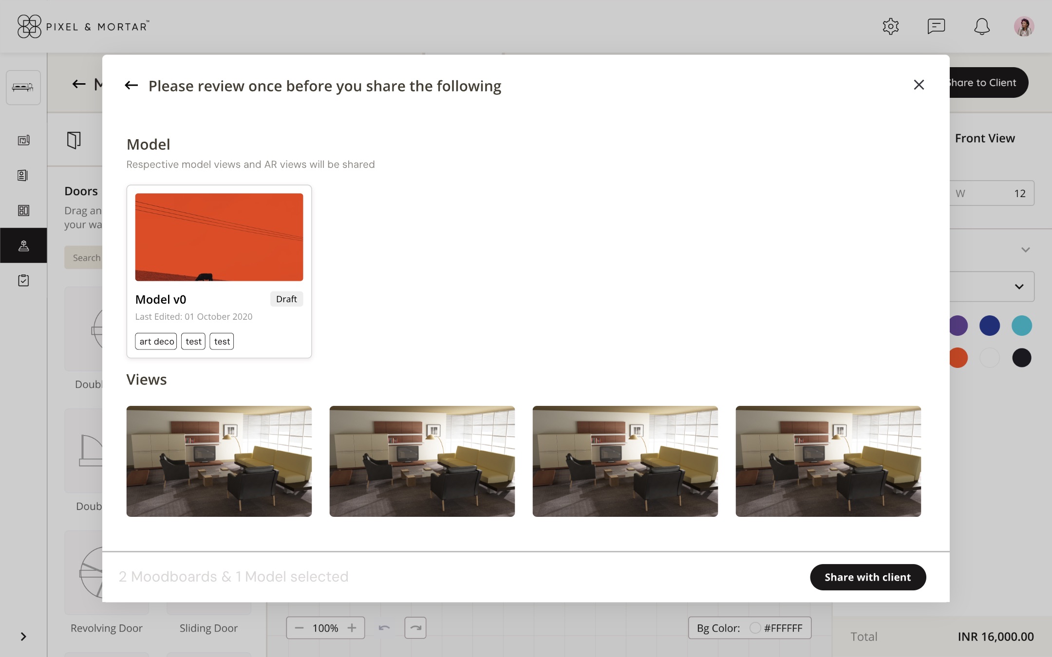 Share review dialog titled Please review once before you share the following, listing the model, four rendered views, and a Share with client button