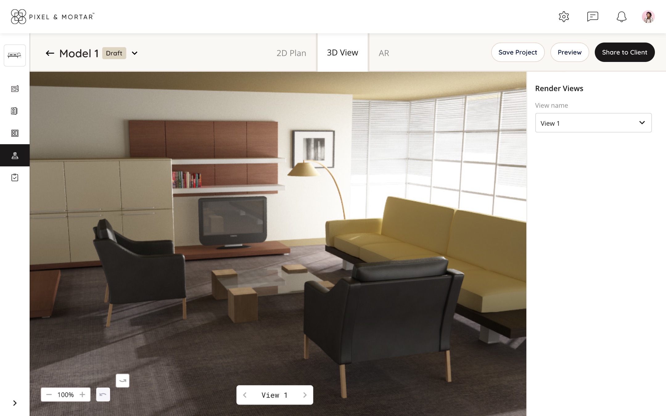3D View tab showing a rendered living room with a yellow sofa, two leather armchairs and a wall unit, with a Render Views selector on the right