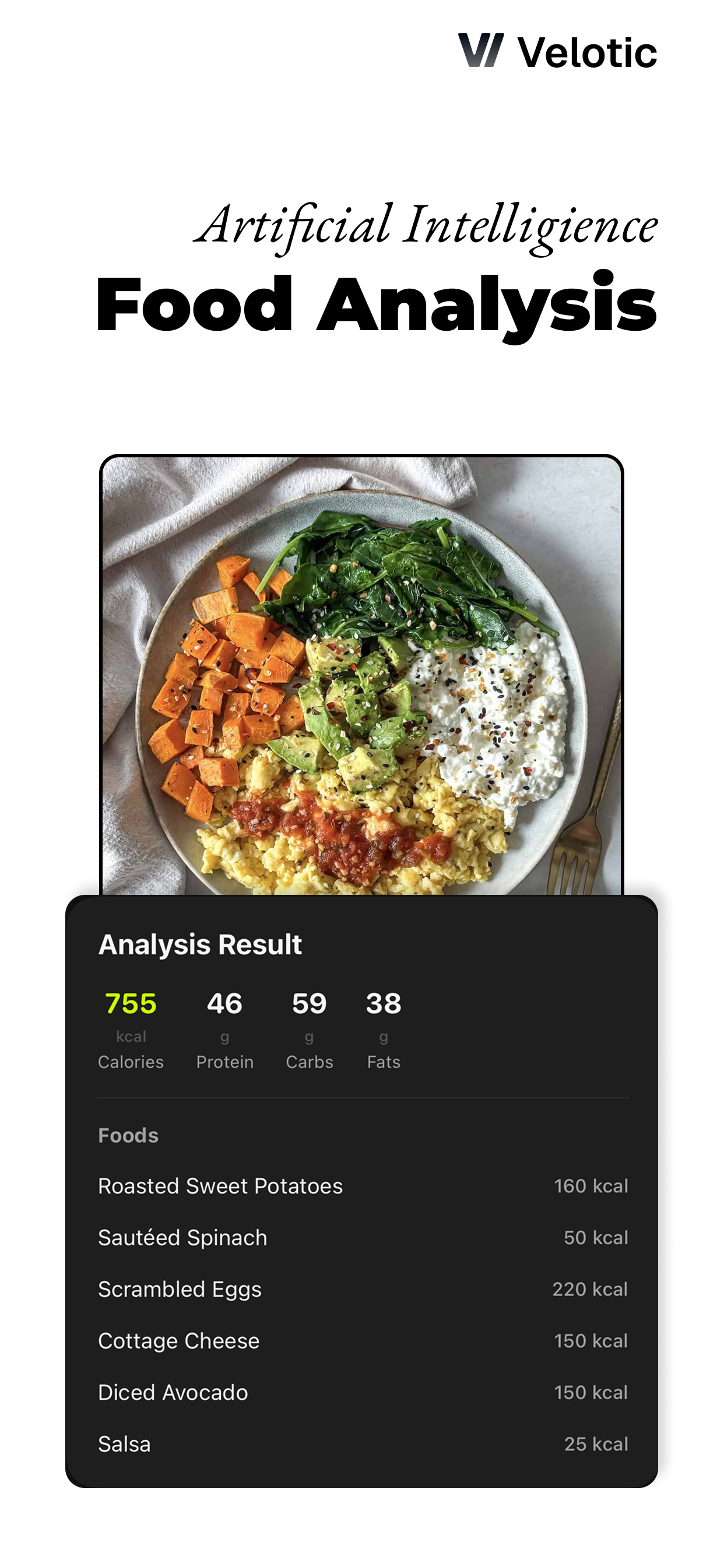Velotic client app, AI food analysis