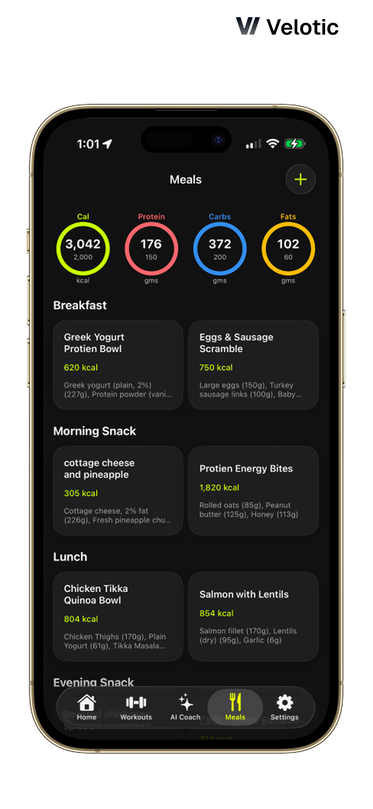 Velotic client app, iOS meals