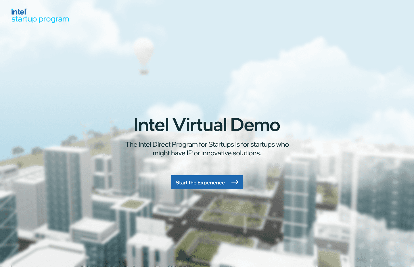 Intel Virtual Demo landing screen. A foggy 3D city with a Start the Experience button