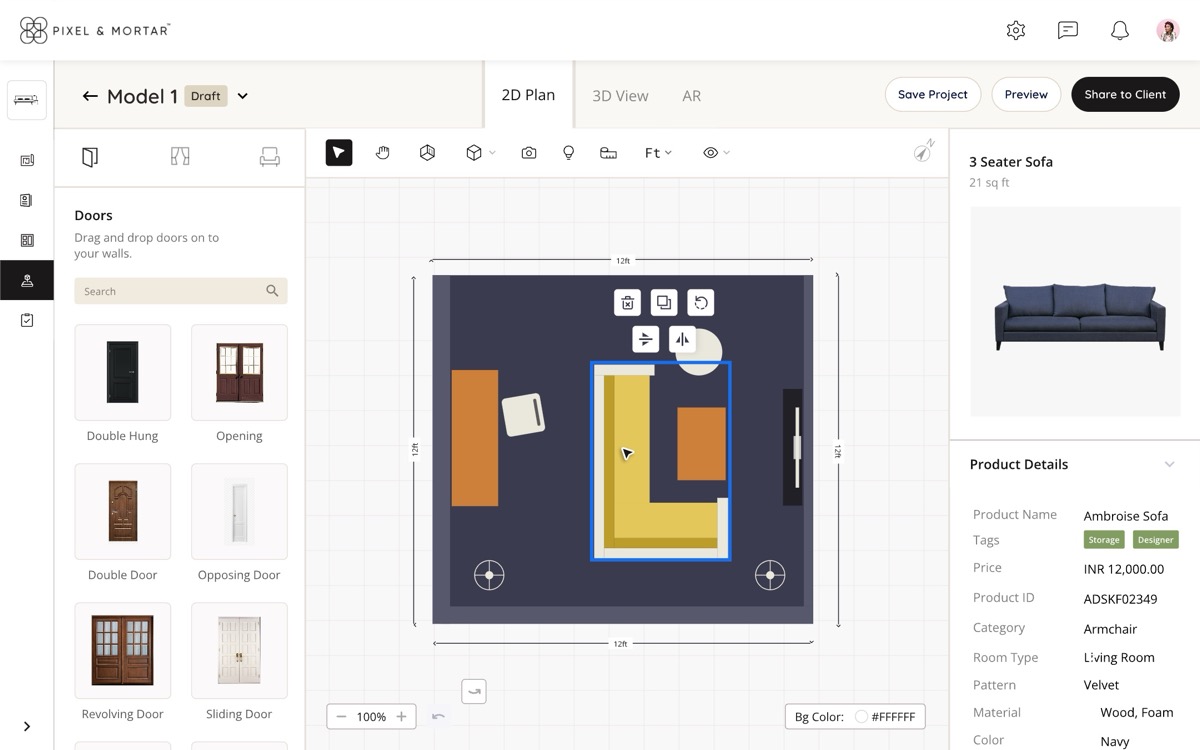 Pixel & Mortar 3D Studio preview. A furnished room plan with a sofa selected and its product details beside it